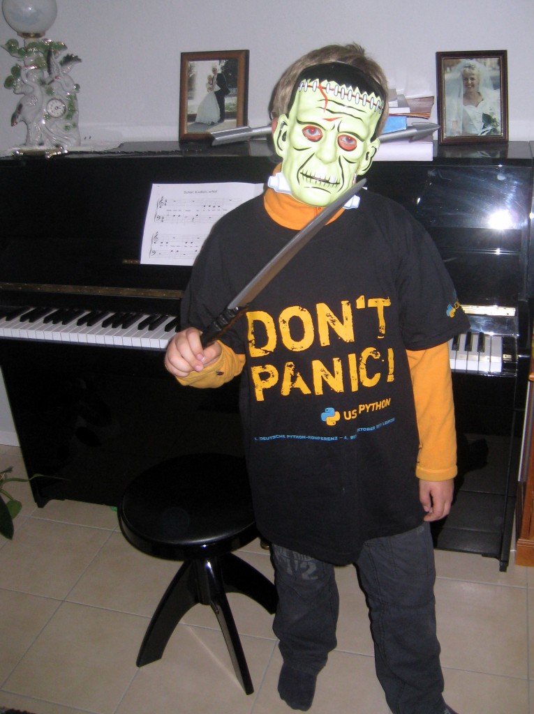 Michael wears Python T-shirt for Halloween.