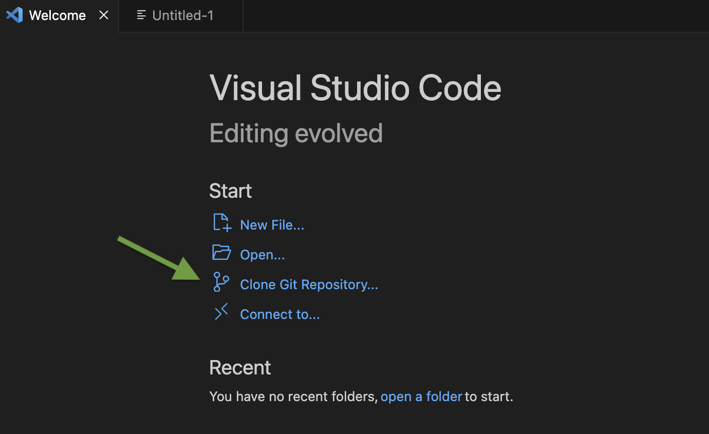 The screenshot of the Visual Studio Code Welcome page with the Clone Git Repository feature highlighted.