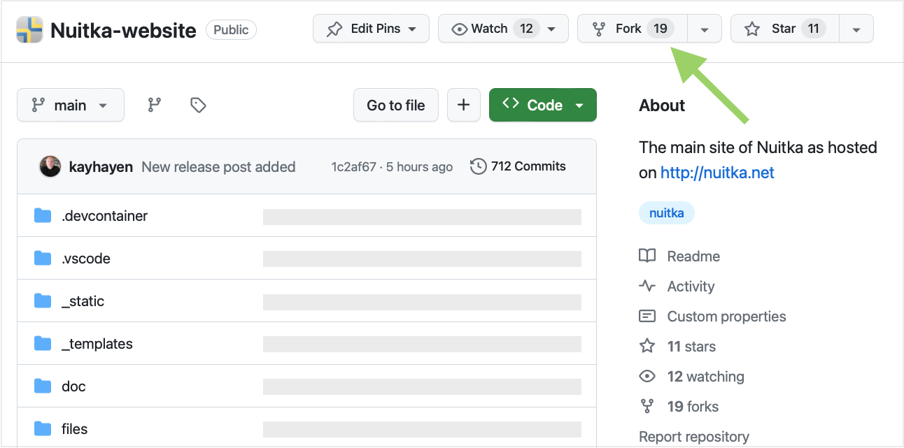 The screenshot of the GitHub page with the Fork button highlighted.